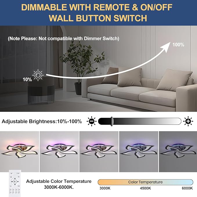 Modern LED Ceiling Light 50W, Dimmable 5-Petal Flush Mount, Black | 23.6" Flower Ceiling Light with Remote, 3000LM, 3000K-6000K, Modern Light Fixture for Bedroom Living Room Dining Room