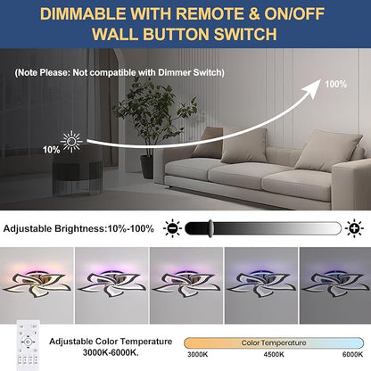 Modern LED Ceiling Light 50W, Dimmable 5-Petal Flush Mount, Black | 23.6" Flower Ceiling Light with Remote, 3000LM, 3000K-6000K, Modern Light Fixture for Bedroom Living Room Dining Room