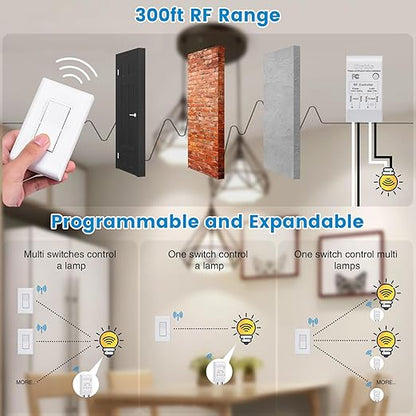 Wireless Light Switch and Receiver Kit, Ortis 300ft RF Range Wireless Wall Switches for Lights, Fans, Battery Included, No Wiring Needed (2 Switches & 1 Receiver Kit)