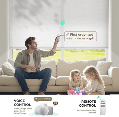 HeyBlinds Motorized Blinds with Remote, Smart Roller Shades with App & Voice Control, Work with Alexa Google HomeKit, Light Filtering Custom Shades for Living Room Office (Summer Haze-Opaline LF)