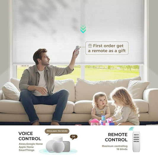 HeyBlinds Motorized Blinds with Remote, Smart Roller Shades with App & Voice Control, Work with Alexa Google HomeKit, Light Filtering Custom Shades for Living Room Office (Summer Haze-Opaline LF)