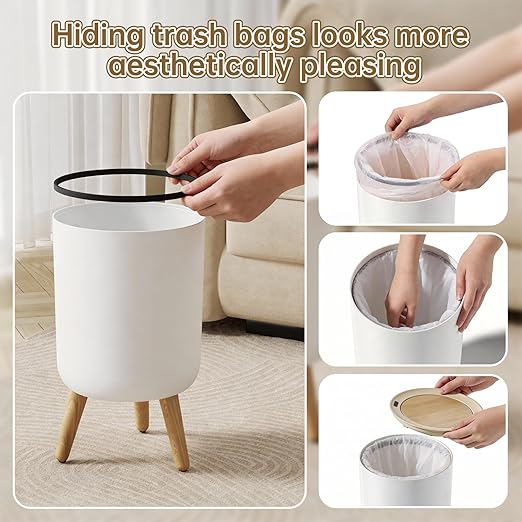 Motion Senor Bathroom Trash Can with Lid, 2.38 Gal Mini Garbage Can, Smart Automatic Touchless Open, Round Decorative Trashcan with legs and Wood Grain Top, for Kitchen Bedroom Office, Plastic, White