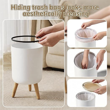 Motion Senor Bathroom Trash Can with Lid, 2.38 Gal Mini Garbage Can, Smart Automatic Touchless Open, Round Decorative Trashcan with legs and Wood Grain Top, for Kitchen Bedroom Office, Plastic, White