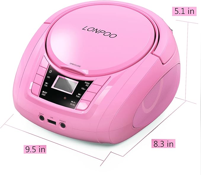 LONPOO Portable Boombox - CD Player, Bluetooth, USB, MP3, AUX, FM Radio, Portable, Built-in Stereo Speakers, Carrying Handle, LCD Display, Pink