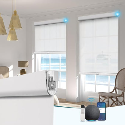 BERISSA Smart Motorized Blinds with Remote,No Drill Automatic Roller Blinds for Indoor Windows,Light Filtering Linen Fabric,Electric Shades for Windows Home Office,Filter Jacquard White,Custom Size