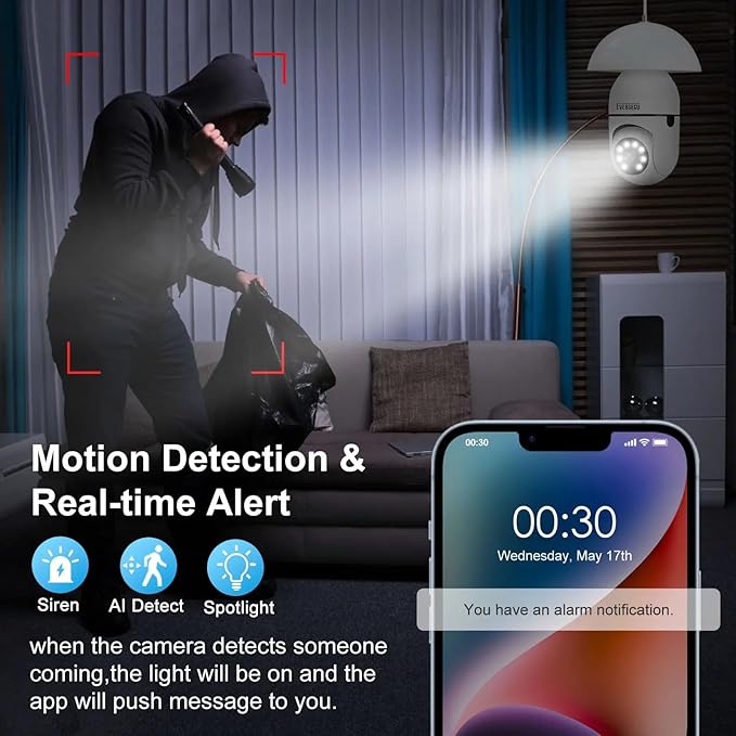 EVERSECU HD 1080P Wireless Light Bulb Security Camera, 2.4g & 5g WiFi, Motion Auto Tracking, 2 Way Audio, Smart Night Vision, Support ONVIF & RTSP, Work with Alexa, SD Card & Cloud Storage, Free App