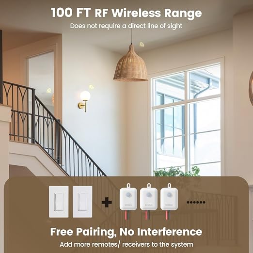 SURAIELEC Wireless Light Switch Receiver Kit, No Neutral Wire for Old Homes | Upgraded Antenna for Metal Box Signal Boost, 100FT Interference-Free Range, 2A 100W LED Decorator Rocker Remote Wall Switch
