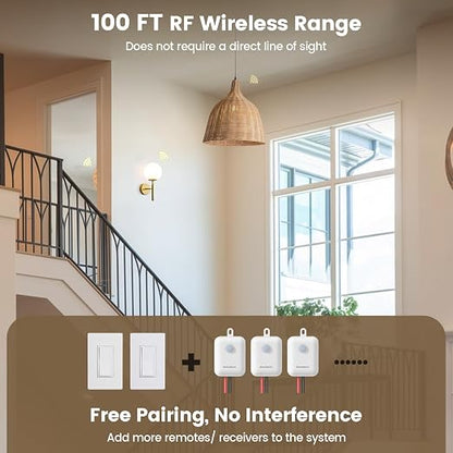 SURAIELEC Wireless Light Switch Receiver Kit, No Neutral Wire for Old Homes | Upgraded Antenna for Metal Box Signal Boost, 100FT Interference-Free Range, 2A 100W LED Decorator Rocker Remote Wall Switch