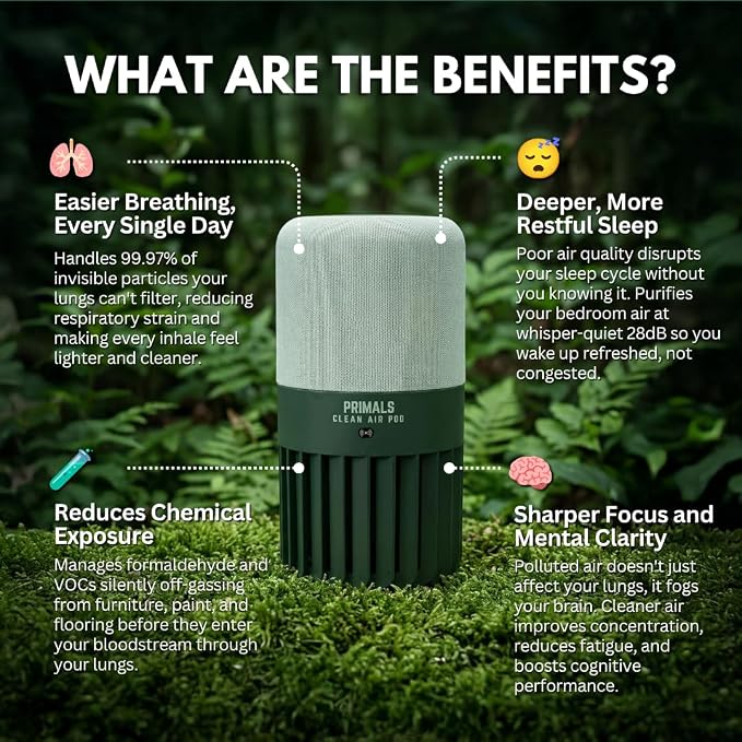 PRIMALS Clean Air Pod - H13 True HEPA + Activated Carbon Air Purifier for Home - Covers Up to 800 Ft² - For Bedrooms, Kitchens, Bathrooms, Offices - Ultra Quiet & Portable