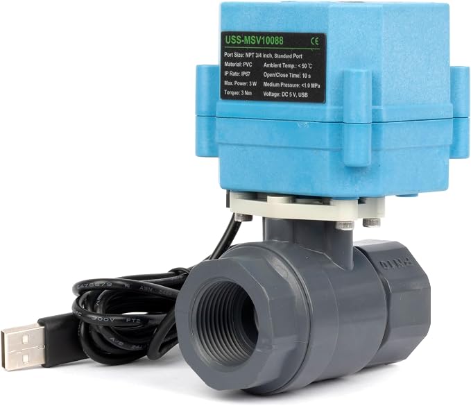 U.S. Solid WiFi Smart Motorized Ball Valve 3/4 inch NPT for Water Control & Irrigation, 2 Way PVC Electric Valve, USB Powered, LED Status Indicator, Flow Direction Window, Remote On/Off Control