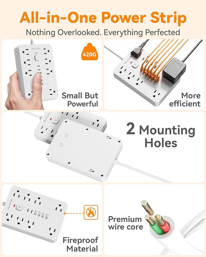 Surge Protector Power Strip - 11 Outlets(1850W/15A/14AWG) with 6 USB Ports(2 USB C), 6/11FT Flat Plug Extension Cord, Wall Mount, Black, ETL Listed for Home, Dorm Room