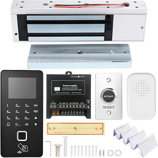 Biometric Access Control System with Fingerprint, Keypad, RFID, Infrared Exit Button, 1200lb Magnetic Lock, LCD Display, USB Download, Attendance Tracking, Timed Unlock,for Office, Store, Home