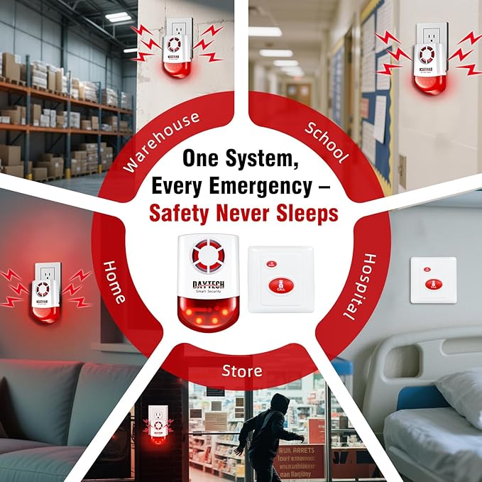 Daytech Strobe Siren Panic Alarm Button Siren Alarm with Light for Home Caring Loud Outdoor SOS Alert System 2 Red Flashing Siren and 4 Emergency Button for Store Hotel Jewelry Shop Security