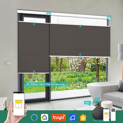 Motorized Top Down Bottom Up Blackout Cellular Shades with Remote, Custom Cordless Smart Honeycomb Blinds, Automatic Electric Window Blinds Work with Alexa Google for Home Office, Dark Coffee