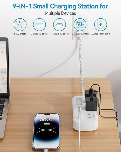 Short Extension Cord 2 Foot - Flat Plug Small Power Strip Surge Protetor with 6 Outlets 3 USB (5V/3.4A 17W) Charging Ports, Multi Plug Wall Outlet Splitter for Home Office Dorm Roomc, White
