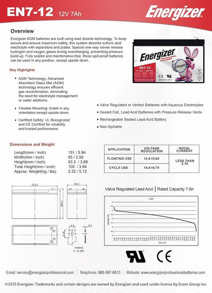 Energizer EN7-12, 12 Volt 7 Amp Hr, Long Lasting Sealed Lead Acid AGM | Replacement for Ride on Razor Scooter / E90, APC smart UPS, Solex alarm battery, Trophy Deer feeder, CyberPower CP600LCD
