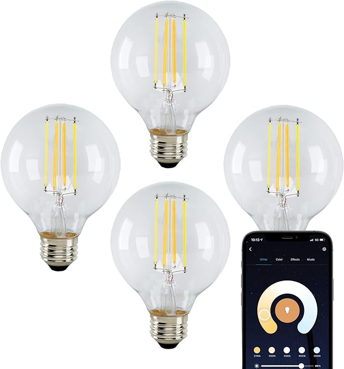 Satco S11251/04 Starfish Tunable White WiFi Smart LED Light Bulb, Works with Siri, Alexa, Google Assistant, SmartThings, Clear, G25, 4 Pack