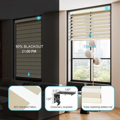 Motorized Zebra Blinds with Remote, Work with HomeKit Alexa, Smart Light Filtering Horizontal Automatic Electric Window Shades for Home Office Customsize(90% Blackout Wide Coffee)