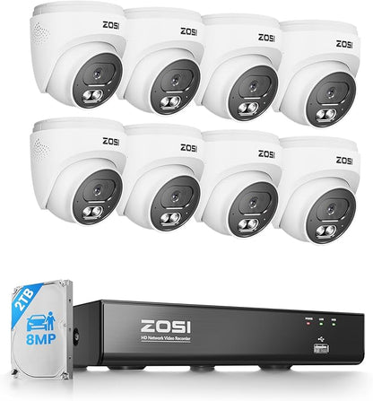 ZOSI C220 4K 8MP 8CH POE NVR Security Camera System (16CH Expandable), 8 x 8MP PoE IP Dome Cameras Outdoor Indoor, AI Human/Vehicle/Face Detection, One-Way Audio, 100ft IR Night Vision, 2TB HDD
