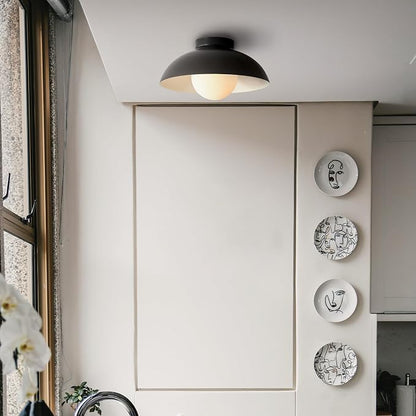 1-Light Matte Black Flush Mount Ceiling Light with White Opal Glass Shade | White Opal Glass Globe Shade, Wall or Ceiling Mount, Hallway or Entryway, Model 66000076