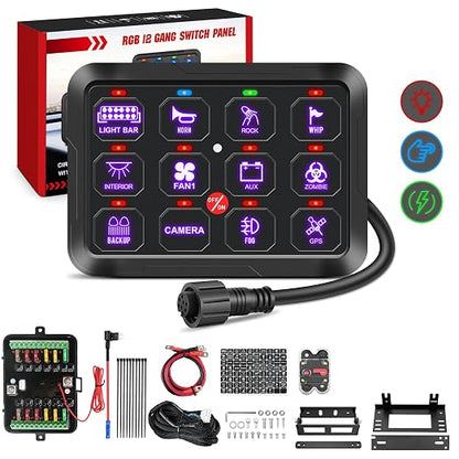 Nilight 12 Gang Switch Panel Relay System with Automatic Dimmable | RGB Backlight Panel Circuit Control Fuse Wiring Harness ON Off LED Switches Pod for 12V 24V Cars Trucks Campers SUV