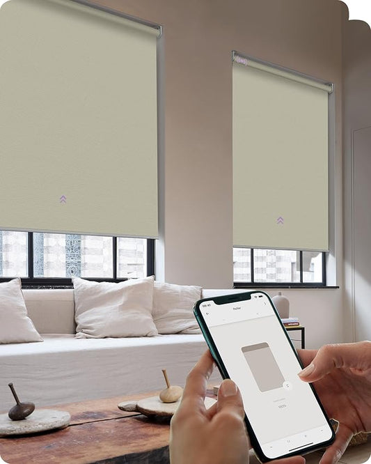 Graywind Smart Roller Shades 100% Blackout Window Blinds with APP Control Customized Automatic Shades for Home and Office(32" Wx72 H,Beige)