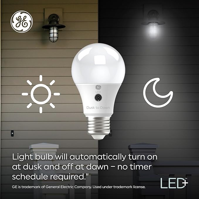 GE LED+ A19 Dusk to Dawn LED Light Bulbs, Automatic On/Off Outdoor Security Light, Soft White (8 Pack)
