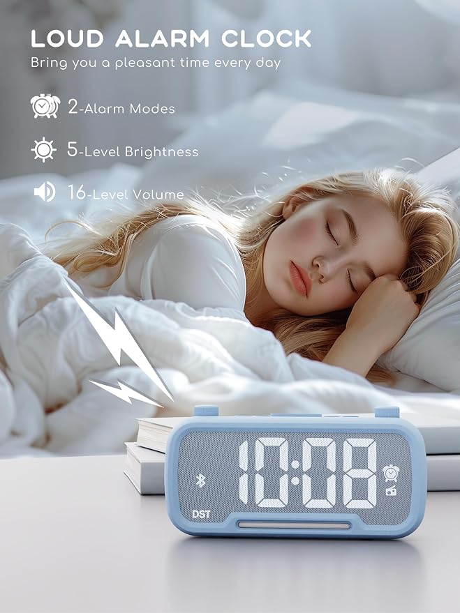 ROCAM Alarm Clock Radio for Bedrooms with Bluetooth Speaker, Auto-Off Timer, Dimmer, Battery Backup, Loud Alarm Clock for Heavy Sleepers with USB Ports Night
