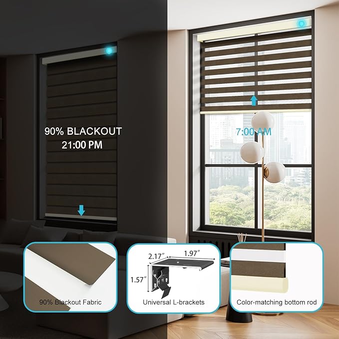 Motorized Zebra Blinds with Remote, Work with HomeKit Alexa, Smart Light Filtering Horizontal Automatic Electric Window Shades for Home Office Customsize(90% Blackout Wide Brown)