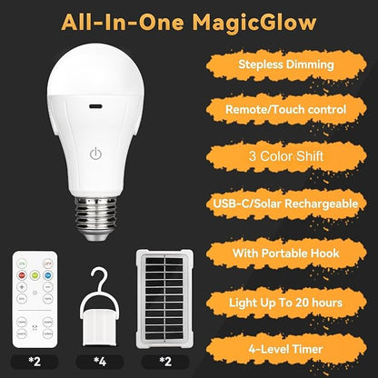 Neporal MagicGlow Rechargeable Solar Light Bulbs with Remote, USB+Solar Rechargeable Bulbs,3 Colors Shift + Dimmable Battery Light Bulb, A19 Emergency LED Light Bulbs, 15W, Up to 24 Hours, 2 Pack