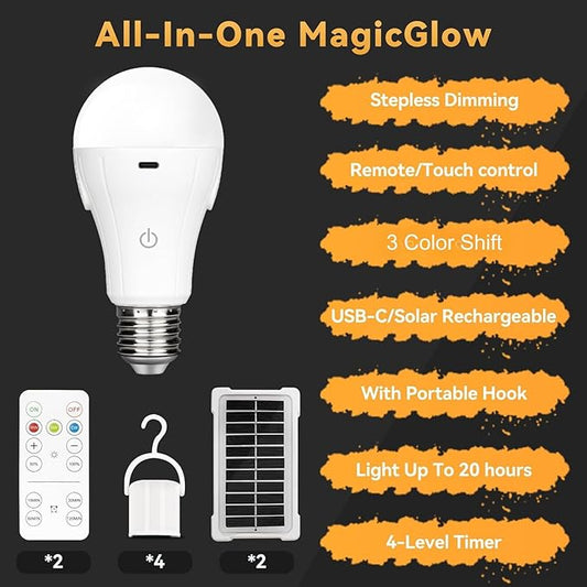 Neporal MagicGlow Rechargeable Solar Light Bulbs with Remote, USB+Solar Rechargeable Bulbs,3 Colors Shift + Dimmable Battery Light Bulb, A19 Emergency LED Light Bulbs, 15W, Up to 24 Hours, 2 Pack