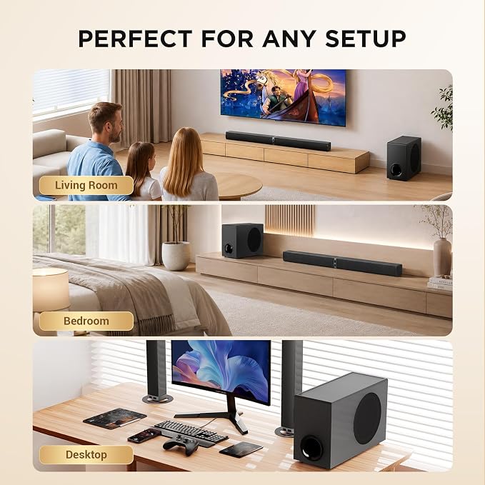 Sound Bar with Subwoofer,120W Sound Bar Bluetooth 5.3 Soundbar Surround Sound System, Detachable Home Theater Speaker with ARC/Optical/AUX Connection, Remote Control for TV/PC/Projector