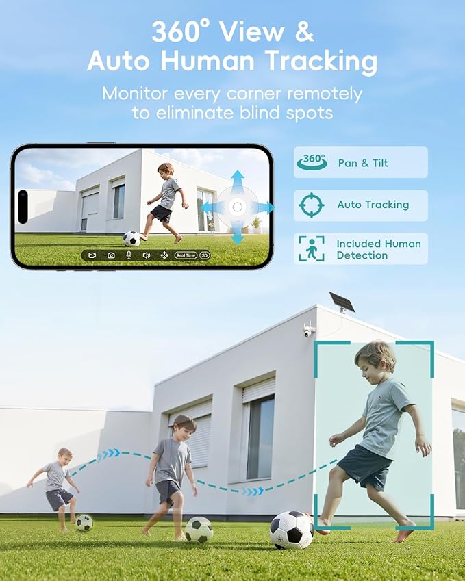 ZUMIMALL 24/7 Recording Solar Security Cameras Wireless Outdoor, 9W Solar Panel, 2K AOV Cameras for Home Security, 360° Auto Tracking, Color Night Vision, 2.4GHz WiFi, 512G Local Storage(Not Include)