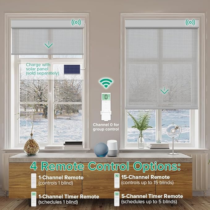 Motorized Roller Shades, Light Filtering Remote Control Custom Window Shades Compatible with Alexa Google Assistant via RF Hub, Rechargeable Electric Blinds for Windows (Fireproof Grey)