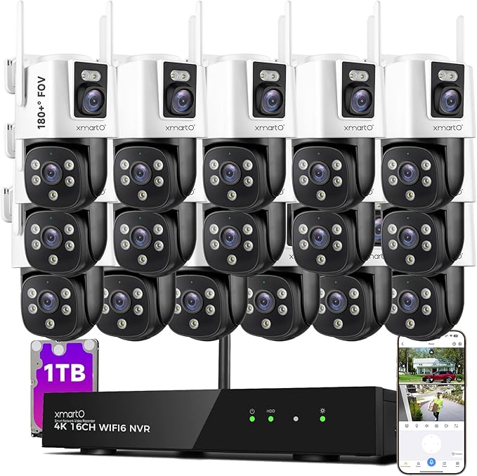 XMARTO [16 Dual-Lens Camera Bundle] 32-View Long Range WiFi6 Mesh Security System, 16CH 4K Dual Band NVR, 4MP 180°+Static FOV & 360°PTZ AI Tracking, 24/7 Plug-in Surveillance, 1TB HDD, No Monthly Fee