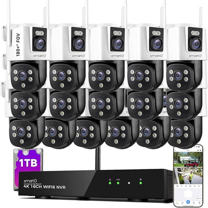XMARTO [16 Dual-Lens Camera Bundle] 32-View Long Range WiFi6 Mesh Security System, 16CH 4K Dual Band NVR, 4MP 180°+Static FOV & 360°PTZ AI Tracking, 24/7 Plug-in Surveillance, 1TB HDD, No Monthly Fee