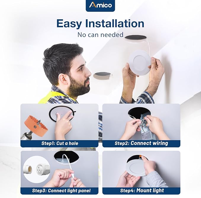 Amico 36 Pack 4 Inch 5CCT Ultra-Thin LED Recessed Ceiling Light with Metal Junction Box, 2700K/-5000K Selectable, 10W Eqv 60W, 800 LM, Dimmable High Brightness Downlight - ETL&FCC