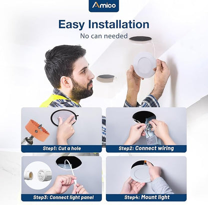 Amico 4 Pack 4 Inch 5CCT Ultra-Thin LED Recessed Dimmable Ceiling Light with Junction Box, 2700K/3000K/3500K/4000K/5000K Selectable, 10W Eqv 60W, 800Lumens, High Brightness Downlight - ETL&FCC