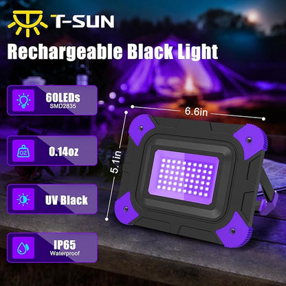 T-SUN Rechargeable Black Lights, Battery Powered Blacklights for Glow Party Fishing Cordless Black Light Ultraviolet Flood Light Outdoor Waterproof, Body Painting, Fluorescent Poster 1Pack