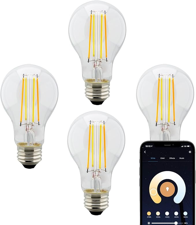 Satco S11250/04 Starfish Tunable White WiFi Smart LED Light Bulb, Works with Siri, Alexa, Google Assistant, SmartThings, Clear, A19, 4 Pack