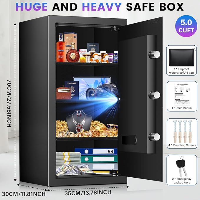 [27.57''] Tall Safe Box, Home Safe with Fireproof Waterproof Bag, 6.2 Cuft Anti-Theft Digital Security Lock Box with Smart Alert System, Removable Shelf, Mute Function, Document Safes for Jewelry
