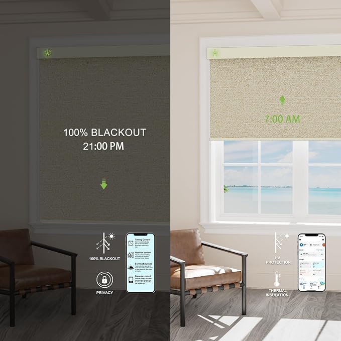 Motorized Blinds with Remote，100% Blackout Smart Blinds Motorized Roller Shades Compatible with Alexa Automatic Blinds for Windows Electric Window Blinds Customized Size Amber Noir