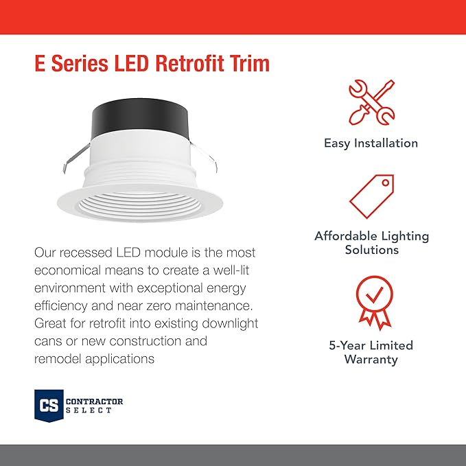 Juno E Series 4" LED Ceiling Light, Baffle Trim Recessed Lighting with 5-in-1 Switchable White Color, 700 Lumens, Wet Rated LED Downlight, Dimmable, White, 1-Pack