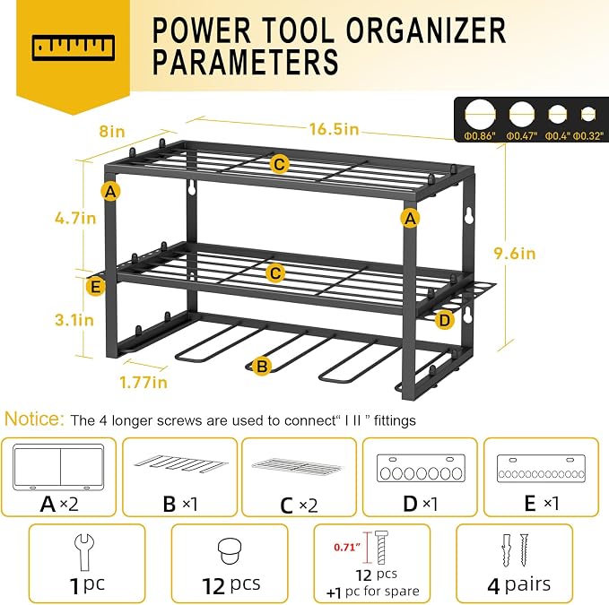 SPACECARE Power Tool Organizer- 1 Pack 3 Layers Rack for 4 Drill Holders | Heavy Duty Tool Shelf Durable Wall Mount Tool Storage Rack for Work Shop, Garage Organization, 150Lbs Load Capacity, Black