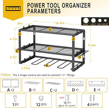 SPACECARE Power Tool Organizer- 1 Pack 3 Layers Rack for 4 Drill Holders | Heavy Duty Tool Shelf Durable Wall Mount Tool Storage Rack for Work Shop, Garage Organization, 150Lbs Load Capacity, Black