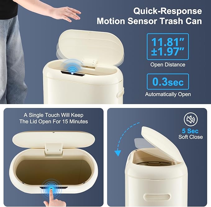 OUTLANE Touchless Motion Detector Kitchen Trash Can - 13 Gallon/50L Slim Garbage Bin - Soft-Close Lid - Smart Design - for Kitchen, Bathroom, Office - Beige, One Size