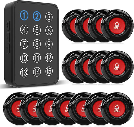 CallToU Wireless Caregiver Pager Nurse Call Button for Elderly LED Call Light Nurse Alert System Call Bell for Patients at Home Clinic/Medical Institution/Nursing Home (15 Call Button + 1 Receiver)