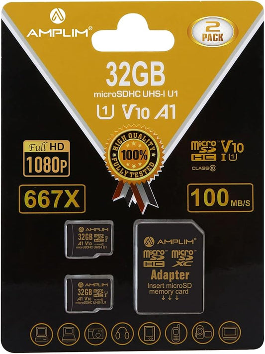 Amplim 32GB Micro SD Card, 2 Pack MicroSD Memory Plus Adapter, MicroSDHC Class 10 UHS-I U1 V10 TF Extreme High Speed Switch, Raspberry Pi, Phone Galaxy, Camera Cam, Tablet, PC