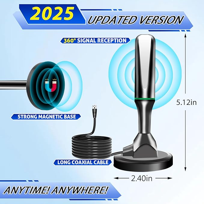TV Antenna for Smart TV Indoor, 2026 HD Antenna with Strong Magnetic Base, 360°&Long Range Reception TVs Antenna for Local Channels, Easy Setup Antennas for TVs Without Cable (Black+Green)