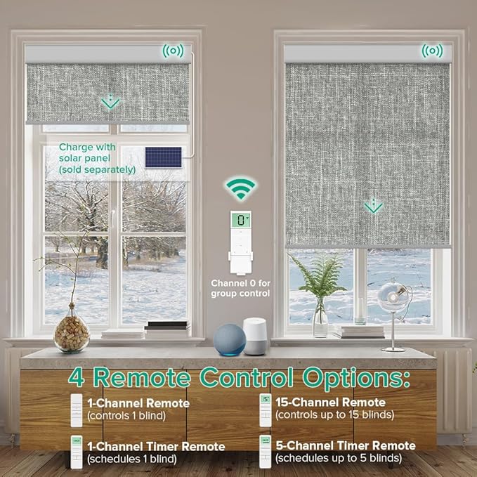 Motorized Roller Shades, Light Filtering Remote Control Custom Window Shades Compatible with Alexa Google Assistant via RF Hub, Rechargeable Electric Blinds for Windows (Dark Grey)